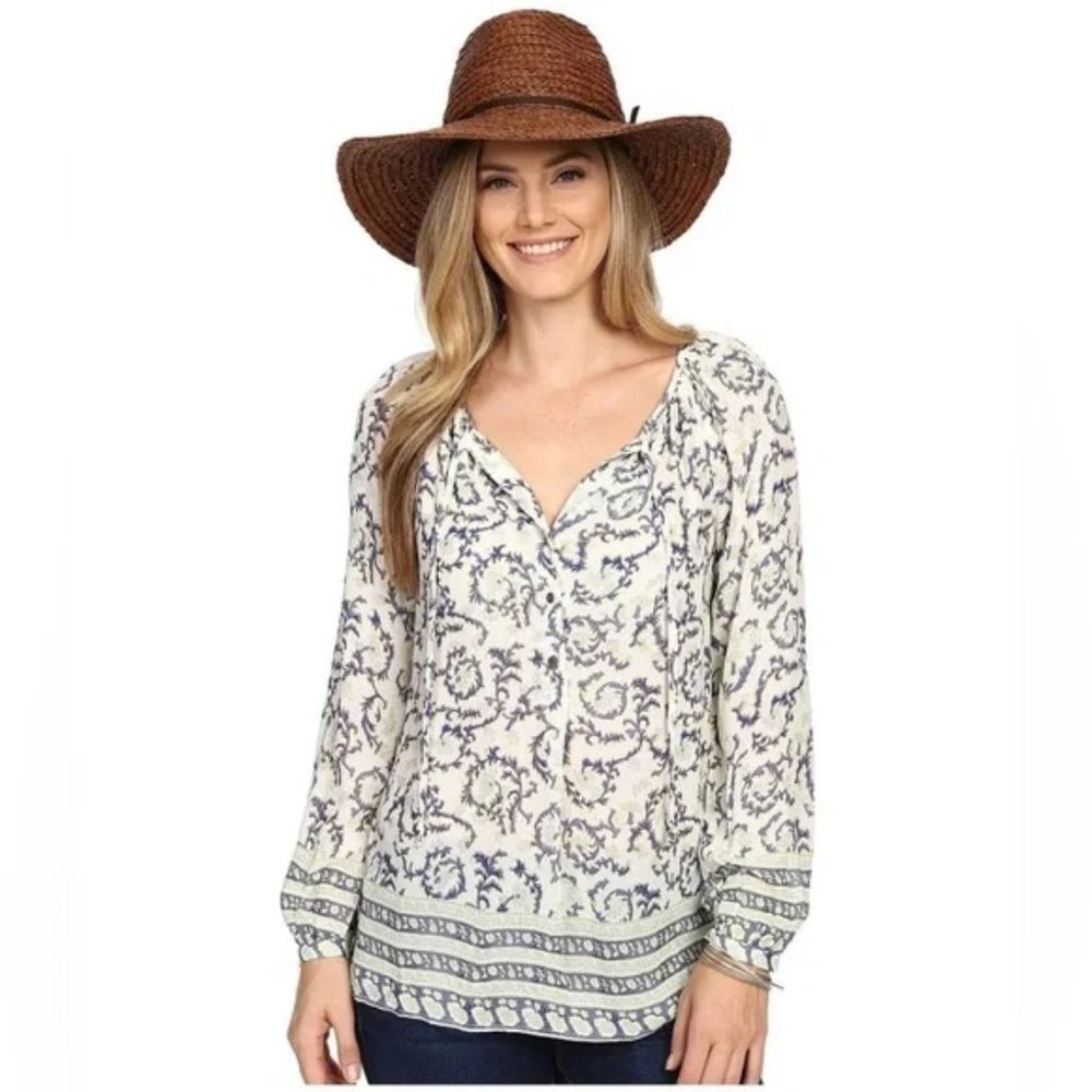LUCKY BRAND Womens Ivory Blue/Green Floral Boho Peasant Blouse Sz 1X
